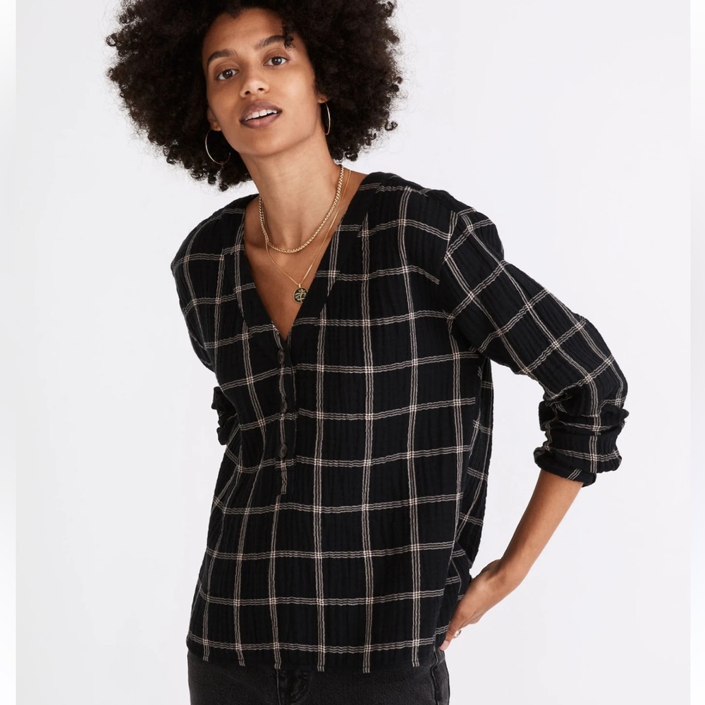 Madewell Lightspun‎ Evert Top in Windowpane Long Sleeve Black Plaid Women’s SZ M